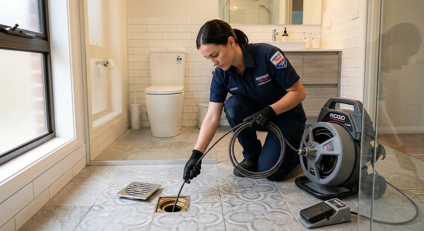 Technician clearing a bathroom floor drain for Drain Cleaning in Lowell